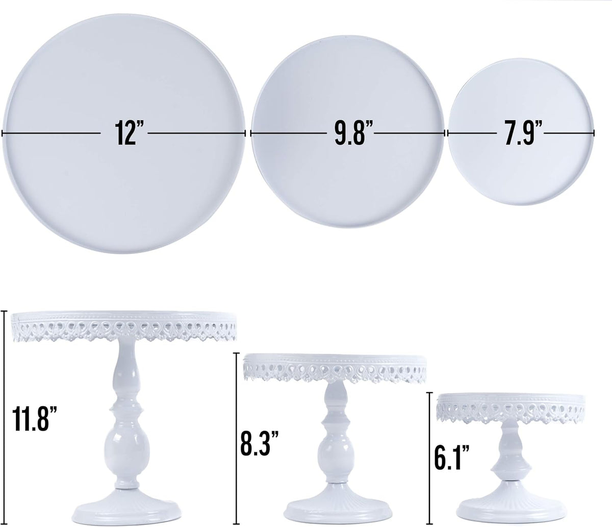 Set of 3 Antique Round Metal Cake Stands 12, 10, 8 Inch White O7417