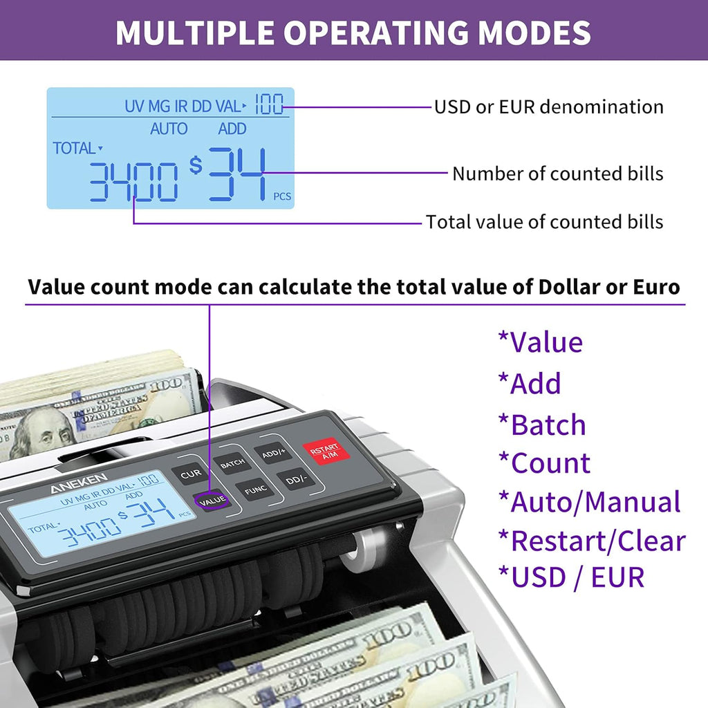 Money Counter Machine with UV/MG/IR/DD Counterfeit Detection, LCD Display, 1000 Bills/Min J77438