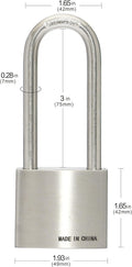 304 Stainless Steel Keyed Alike Padlocks, Pin Tumbler, 2 inch Wide Body, Long Shackle, Pack of 4 K62260