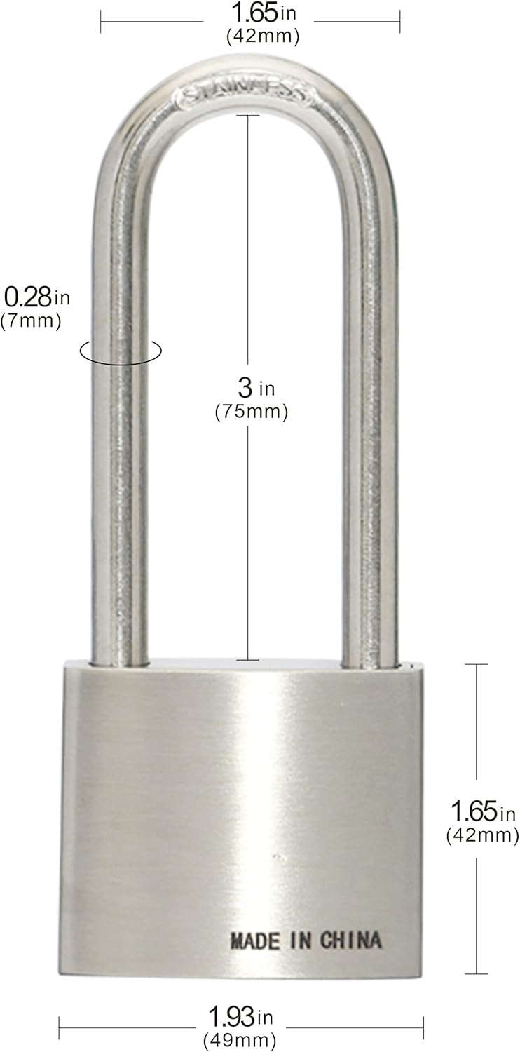 304 Stainless Steel Keyed Alike Padlocks, Pin Tumbler, 2 inch Wide Body, Long Shackle, Pack of 4 K62260