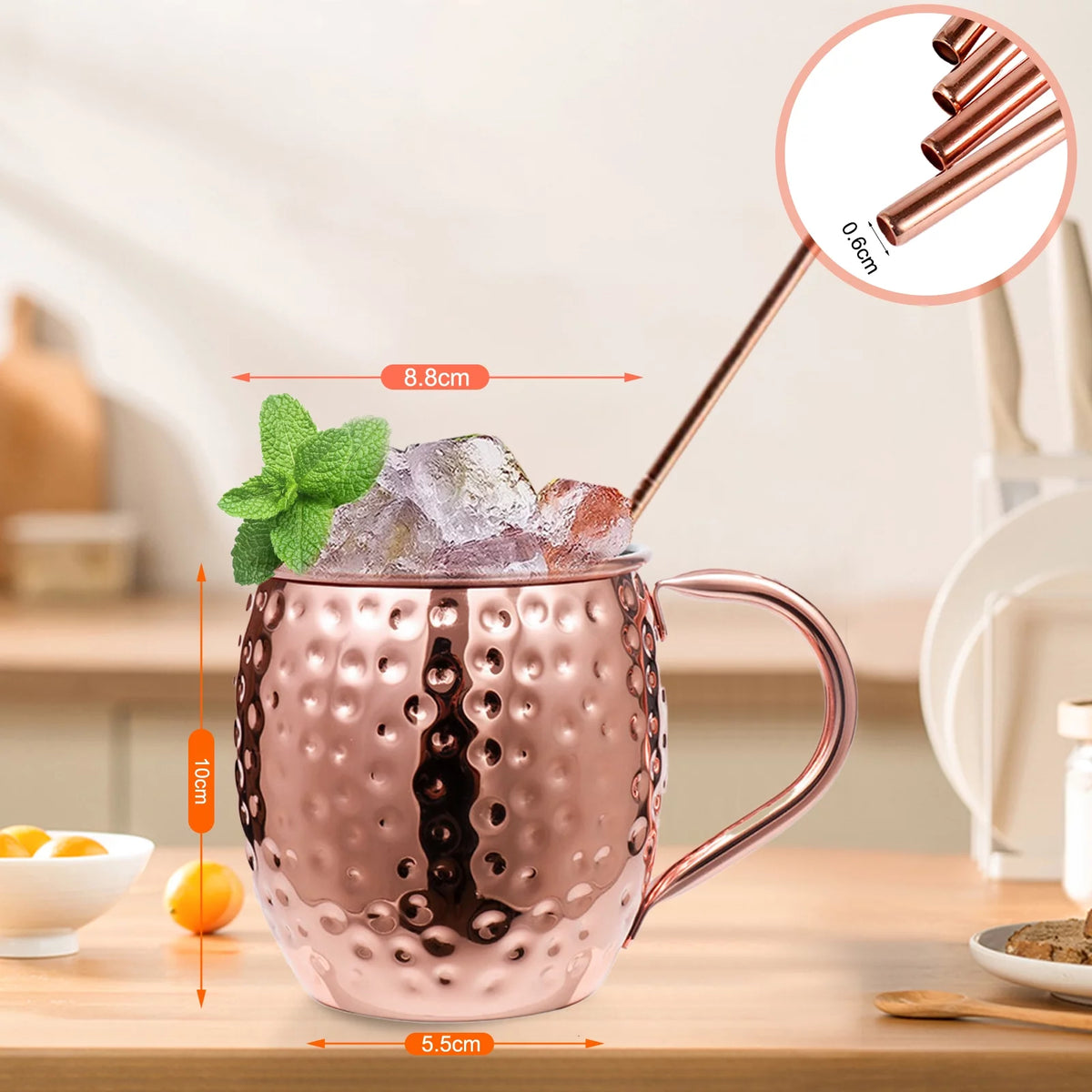 Copper Mugs Set, 18 Stainless Steel Drinking Cup, 4 Cocktail Copper Straws P632