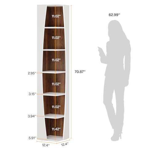 White and Walnut 6-Tier Corner Bookcase H3267
