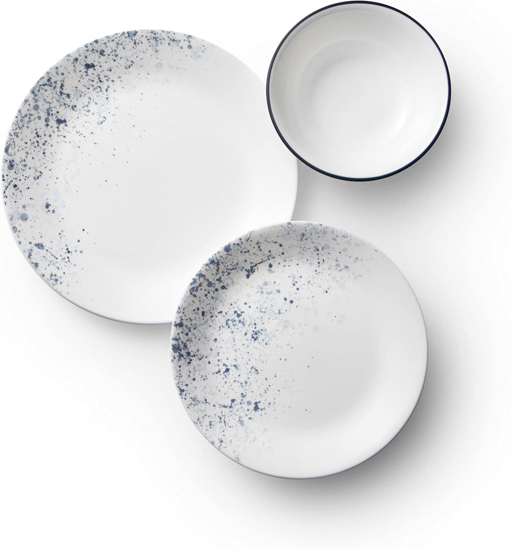 18-Piece Dinnerware Set, Indigo Speckle, 4-Pc Versa Bowls, 30-Oz Compact Stack Bowl Set, White R211583