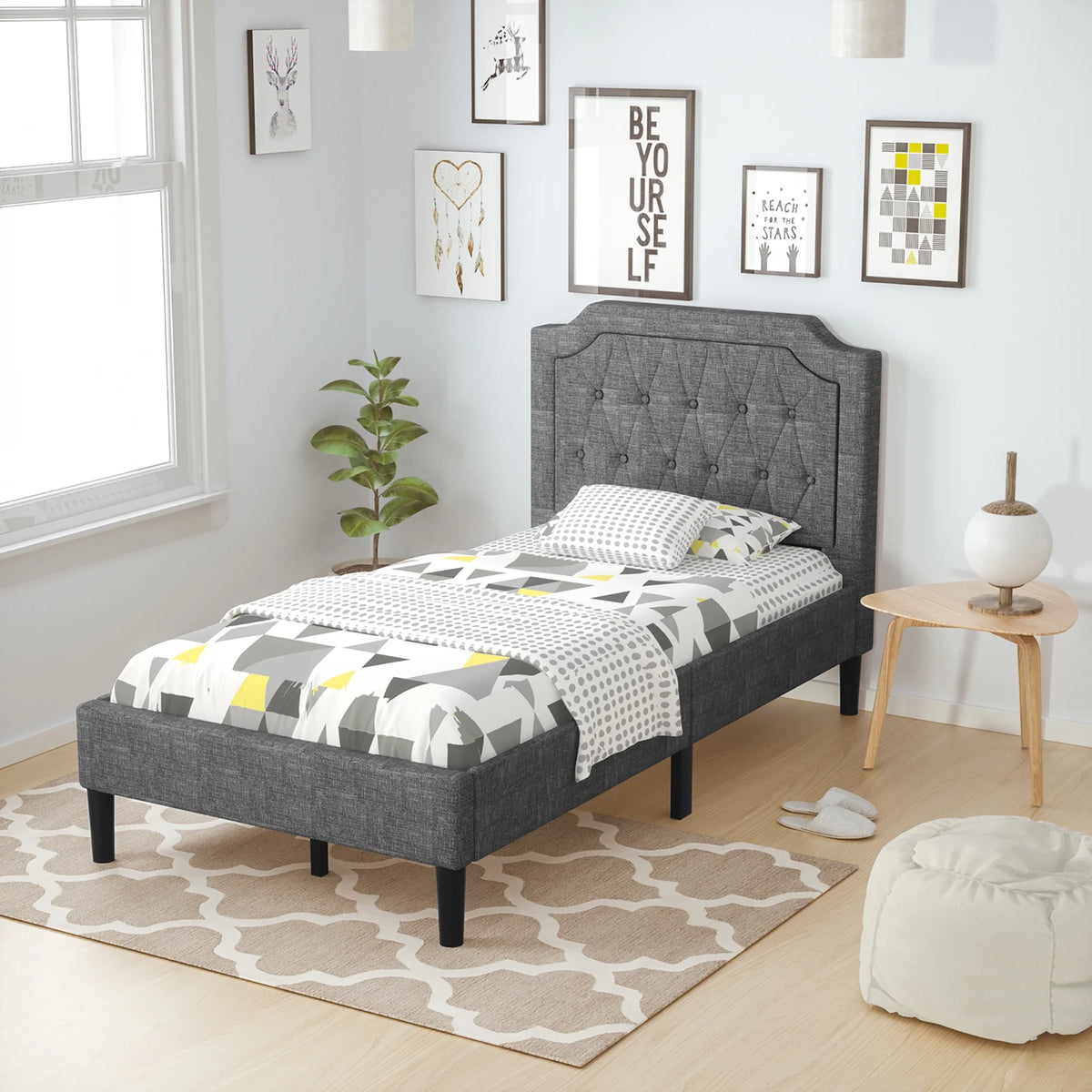 Twin Upholstered Platform Bed Frame with Linen Headboard, Grey K867935