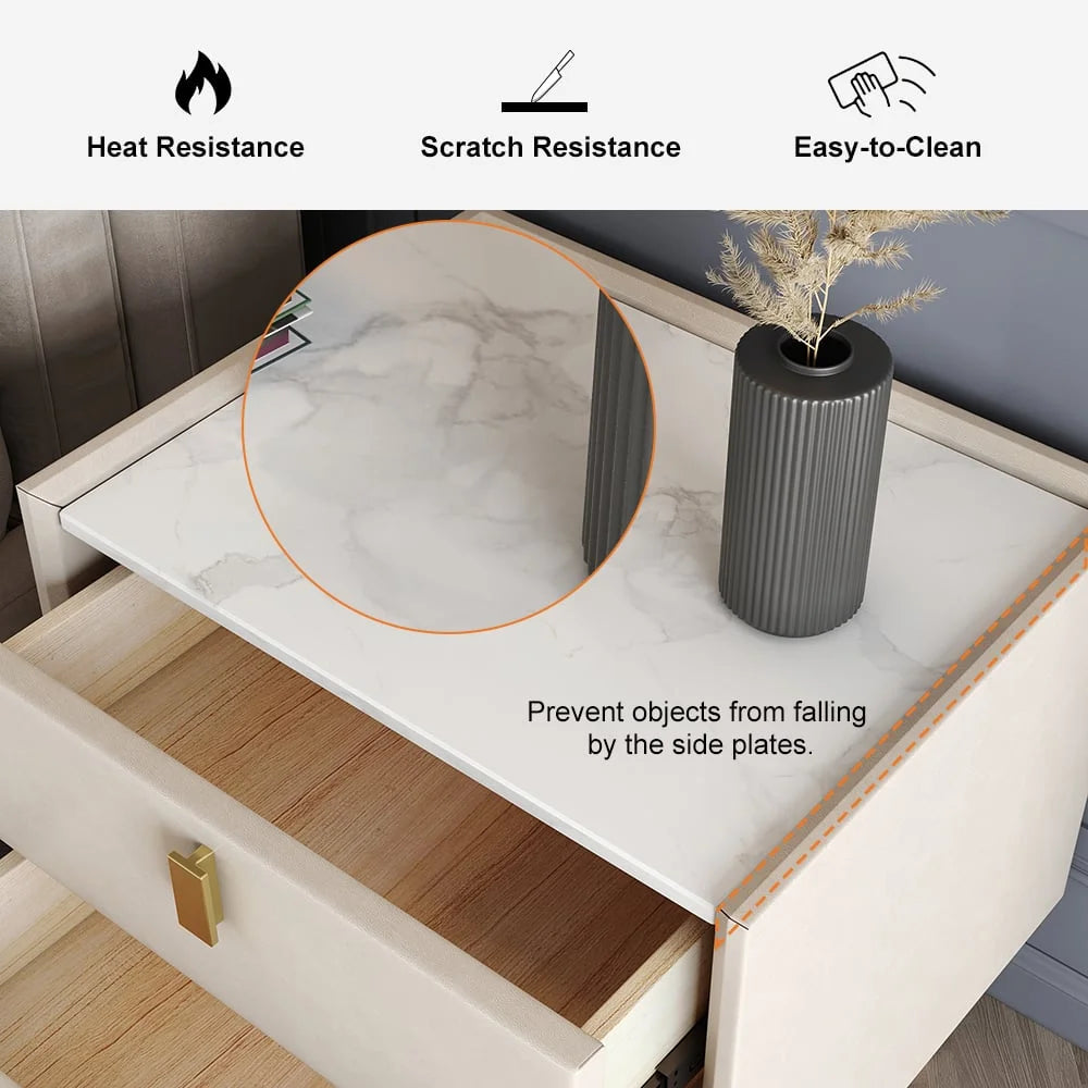 Modern 2 Drawers PU Leather Nightstand with Gold Metal Legs S1921