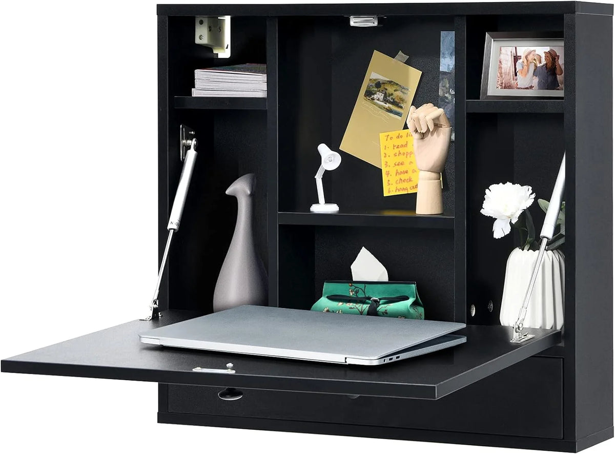 Wall-Mounted Computer Desk with Storage Drawer & Shelves Black P85843