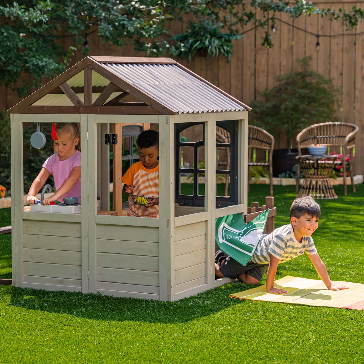 Wooden Outdoor Playhouse with Doorbell and 13 Pieces K343