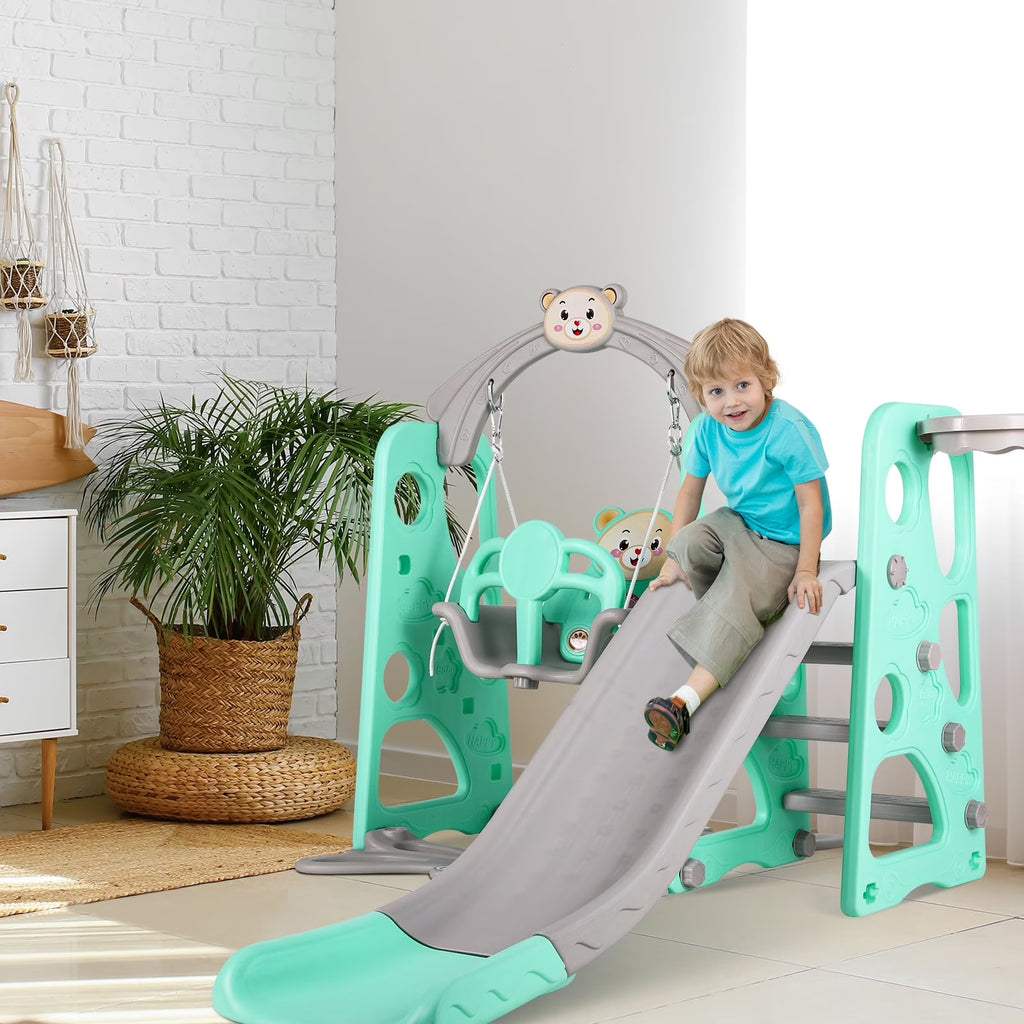 4 in 1 Kids Slide and Swing Set Toddler Play Climber with Basketball Hoop Indoor Outdoor Playground N163642