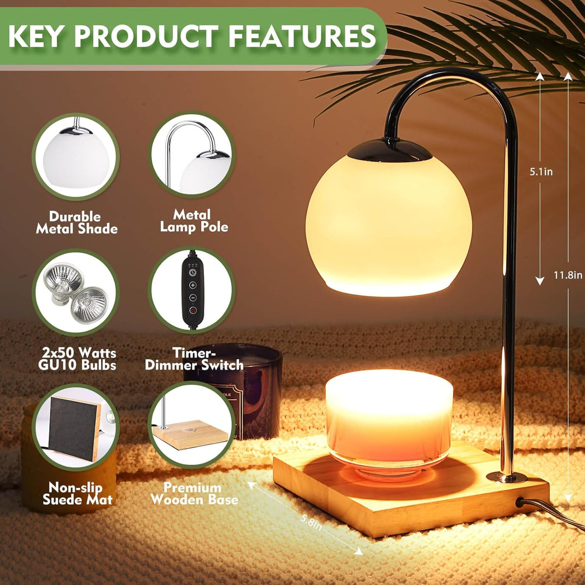 Silver Candle Warmer Lamp with Timer and Glass Lampshade K88940