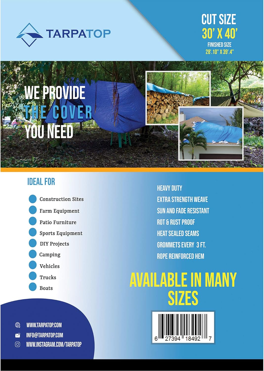 30X40 Waterproof Multi-Purpose Poly Tarp Blue A66161