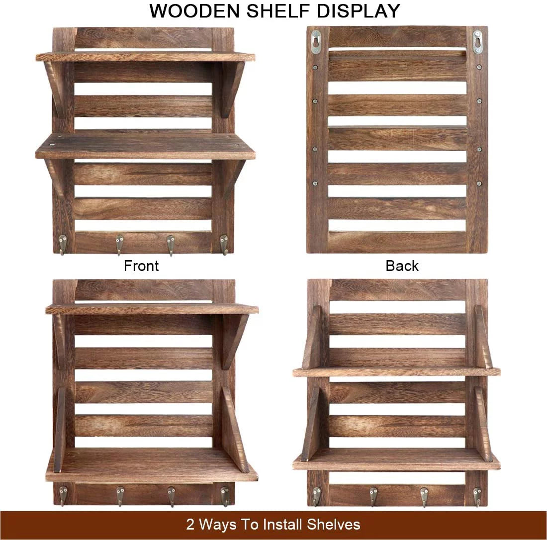 Rustic Wooden 2-Tier Wall Mounted Shelves with 4 Hooks X596695