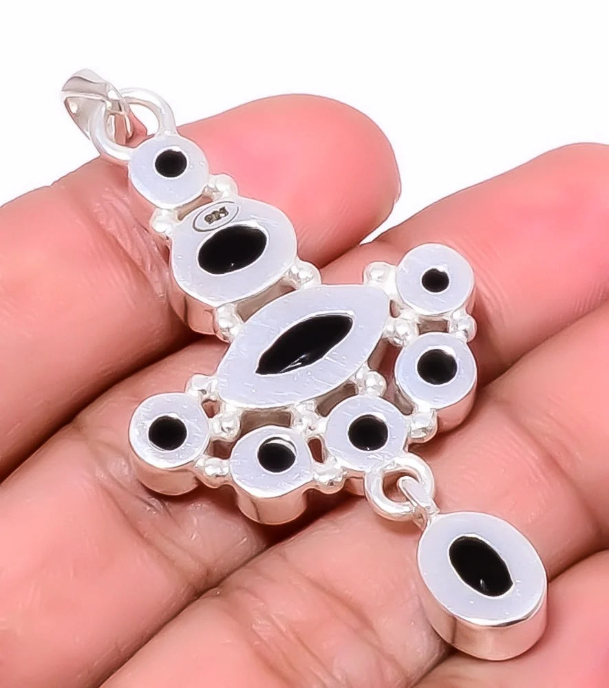 Black Onyx 925 Silver Plated Handmade Pendant 2.34" E751
