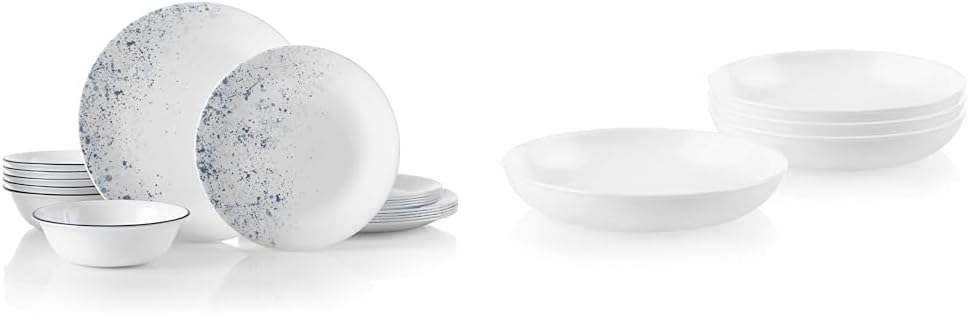 18-Piece Dinnerware Set, Indigo Speckle, 4-Pc Versa Bowls, 30-Oz Compact Stack Bowl Set, White R211583
