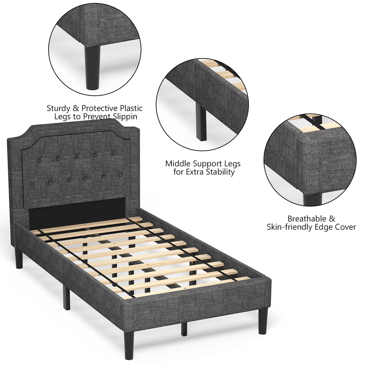Twin Upholstered Platform Bed Frame with Linen Headboard, Grey K867935