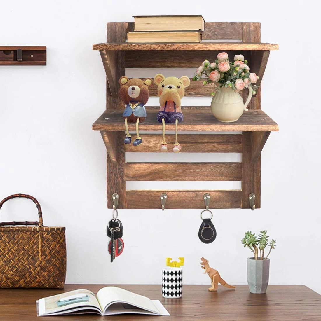 Rustic Wooden 2-Tier Wall Mounted Shelves with 4 Hooks X596695