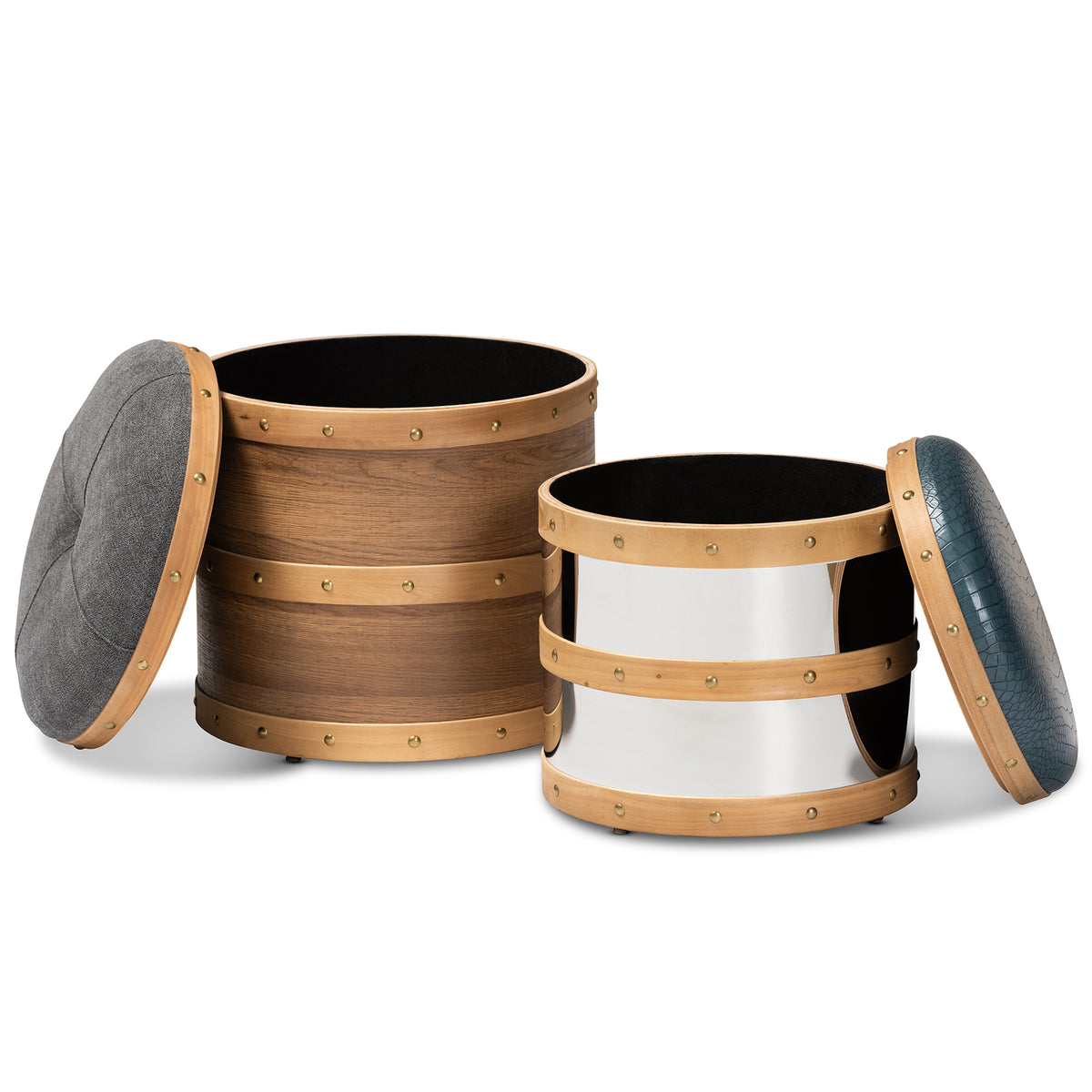 Grey Fabric and Blue Alligator Faux Leather 2-Piece Wood and Metal Storage Ottoman Set Z5835