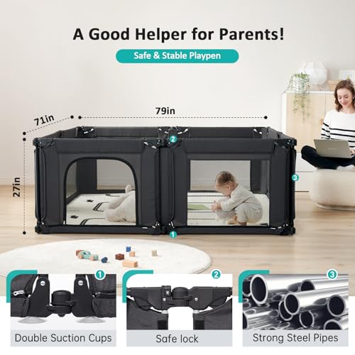 Black Adjustable Large Baby Playpen with Breathable Mesh G8968