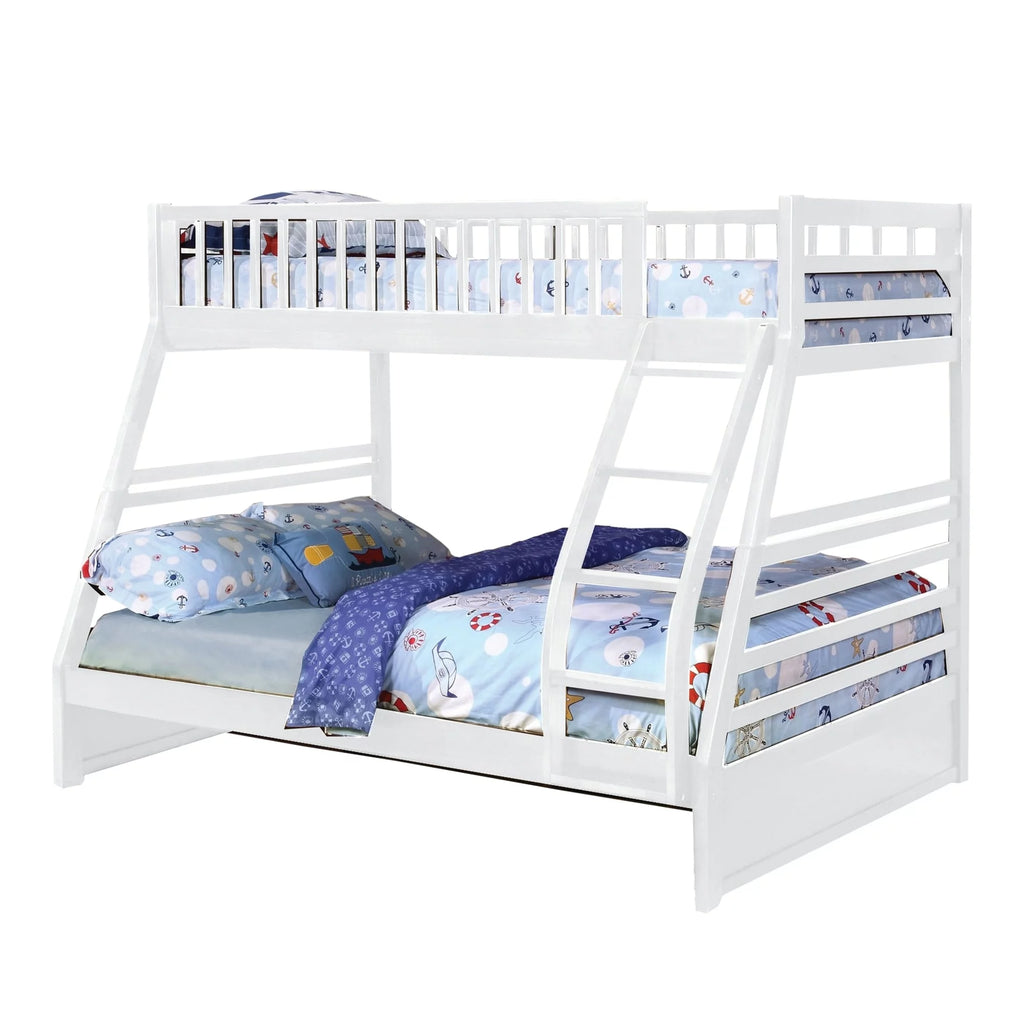 White Wooden Twin Over Full Bunk Bed with Guardrails I536018