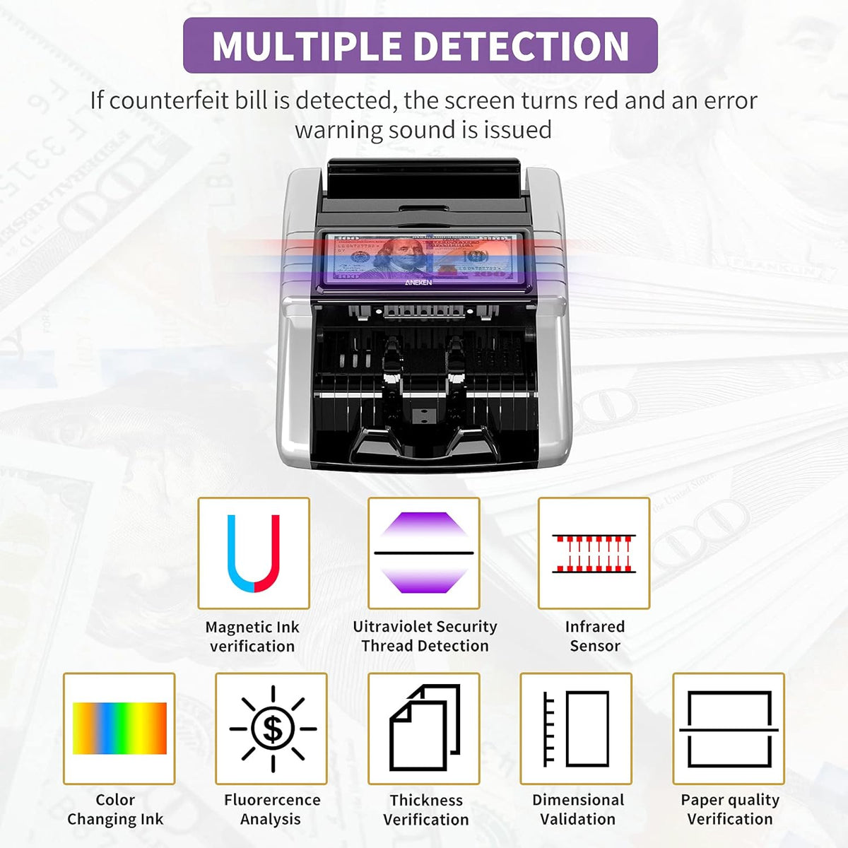 Money Counter Machine with UV/MG/IR/DD Counterfeit Detection, LCD Display, 1000 Bills/Min J77438