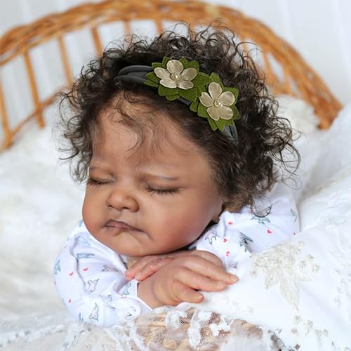 Black 20-Inch Sleeping Newborn Baby Dolls with Weighted Cloth Body and Curly Hair F79115