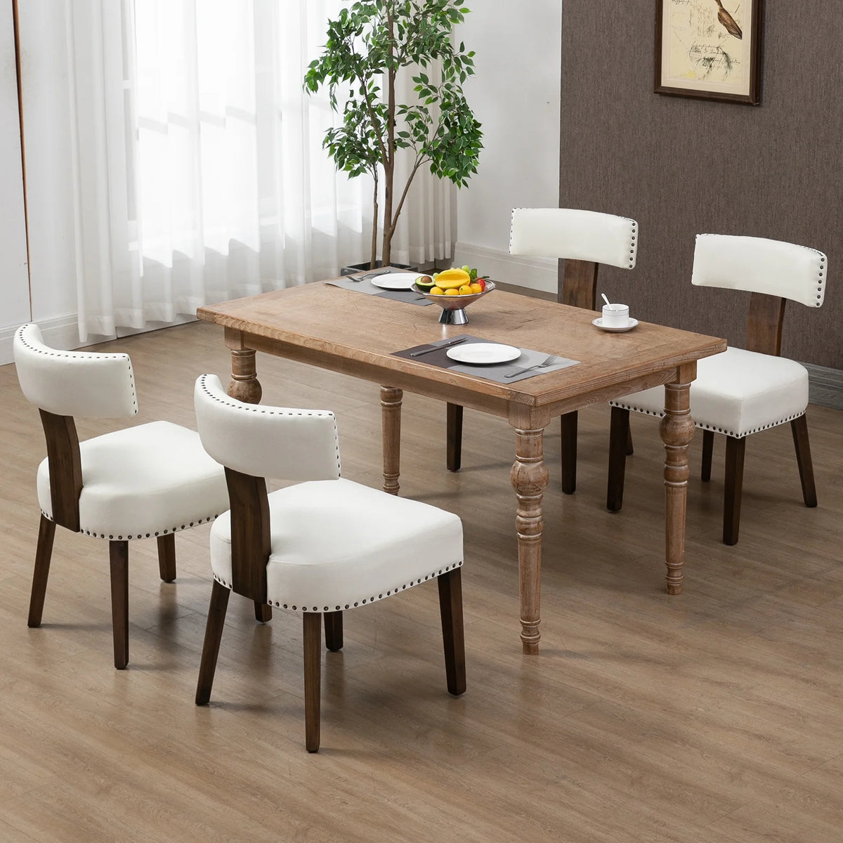 Beige Upholstered Linen Dining Chairs Set of 6 with Wooden Legs G70912
