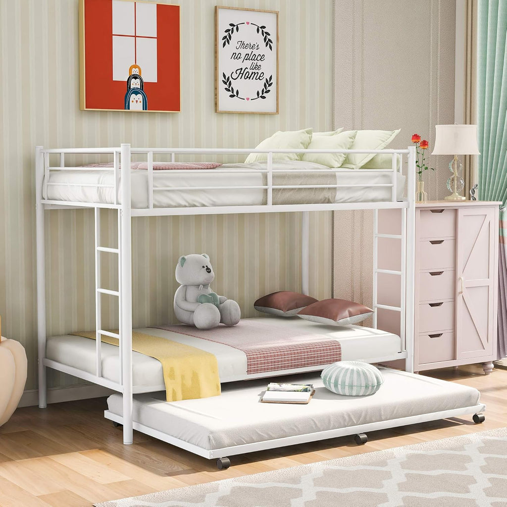 Twin Over Twin Metal Bunk Bed with Trundle and 2 Ladders (White) R77112