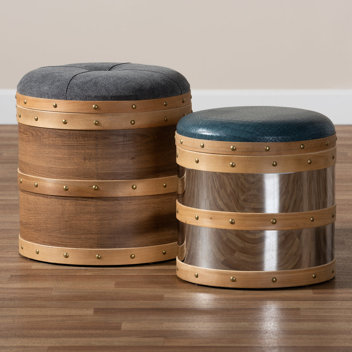 Grey Fabric and Blue Alligator Faux Leather 2-Piece Wood and Metal Storage Ottoman Set Z5835