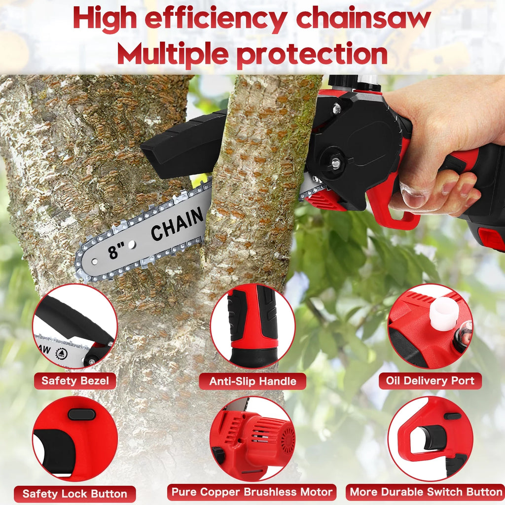8 inch Cordless Mini Chainsaw with 2 Chains and 3.0Ah Battery G50374