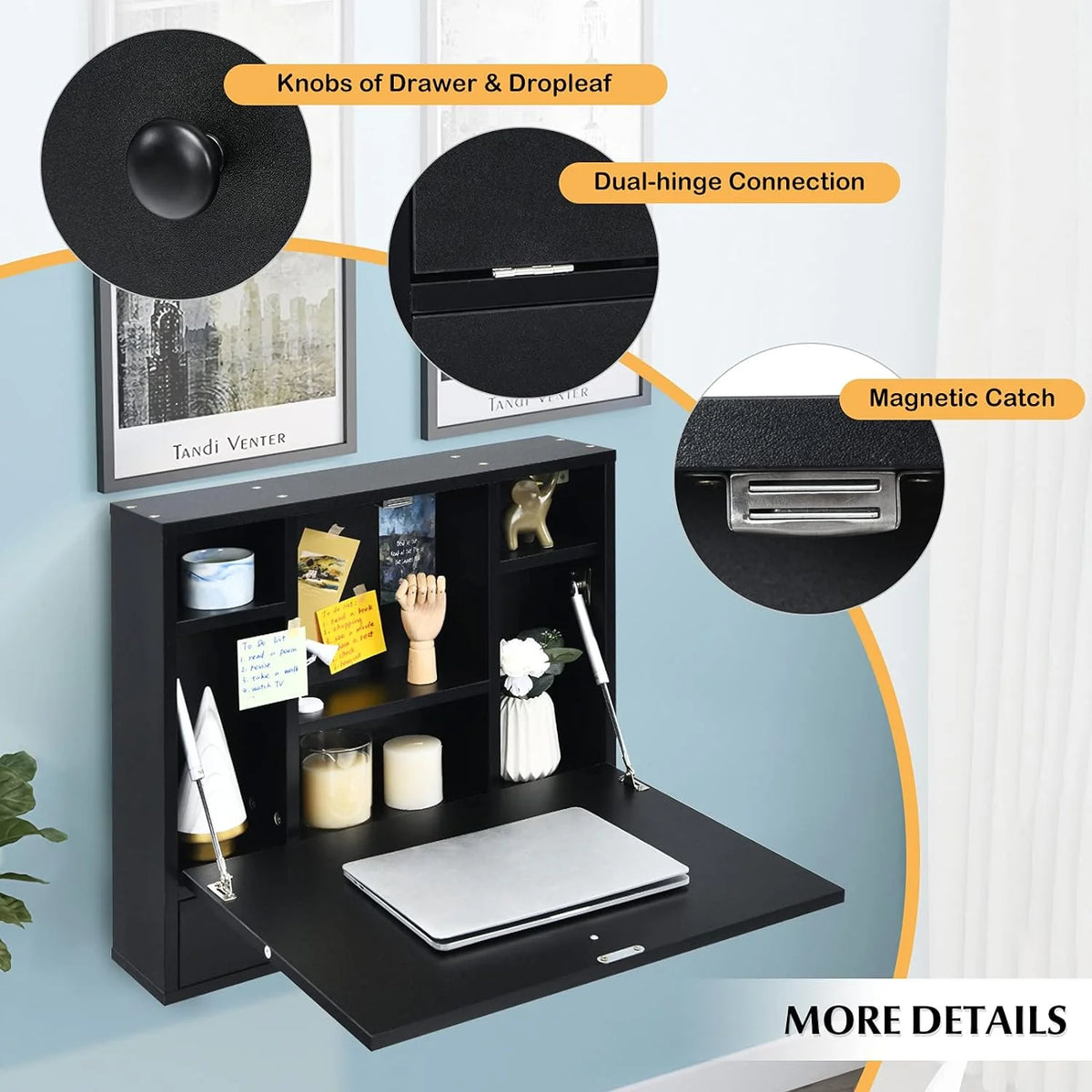 Wall-Mounted Computer Desk with Storage Drawer & Shelves Black P85843