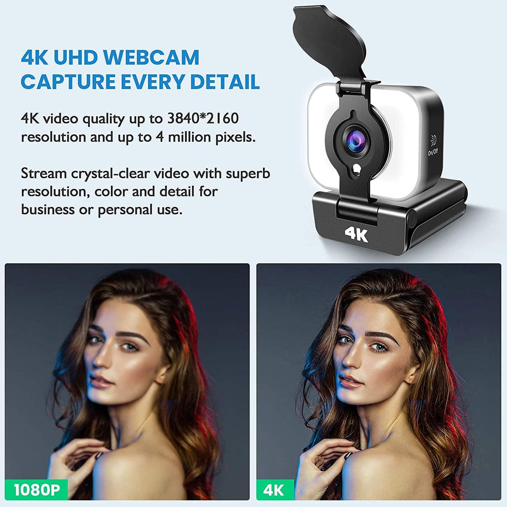 4K Webcam with Light, AutoFocus, Privacy Cover, USB Web Camera, Dual Stereo Microphone, Pack of 2 M213223