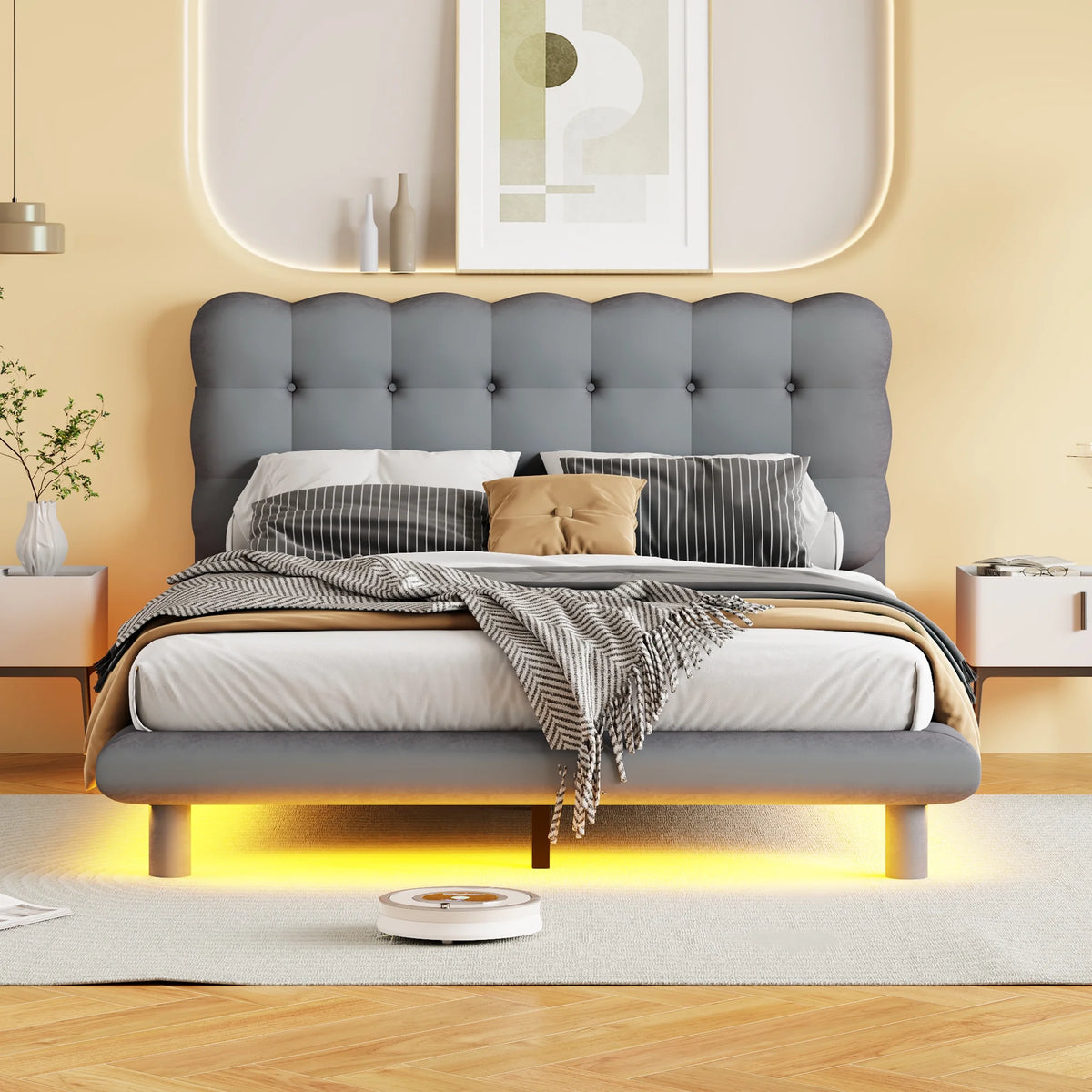 Full Velvet Upholstered Platform Bed with LED Lights O87485