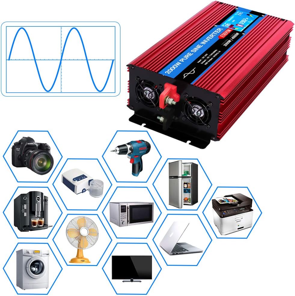2000 Watt Pure Sine Wave Power Inverter 24V to 110V 120V with LCD Display, Wireless Remote Control, 4 AC Sockets, 2.1A USB Port, Dual Fans W2048