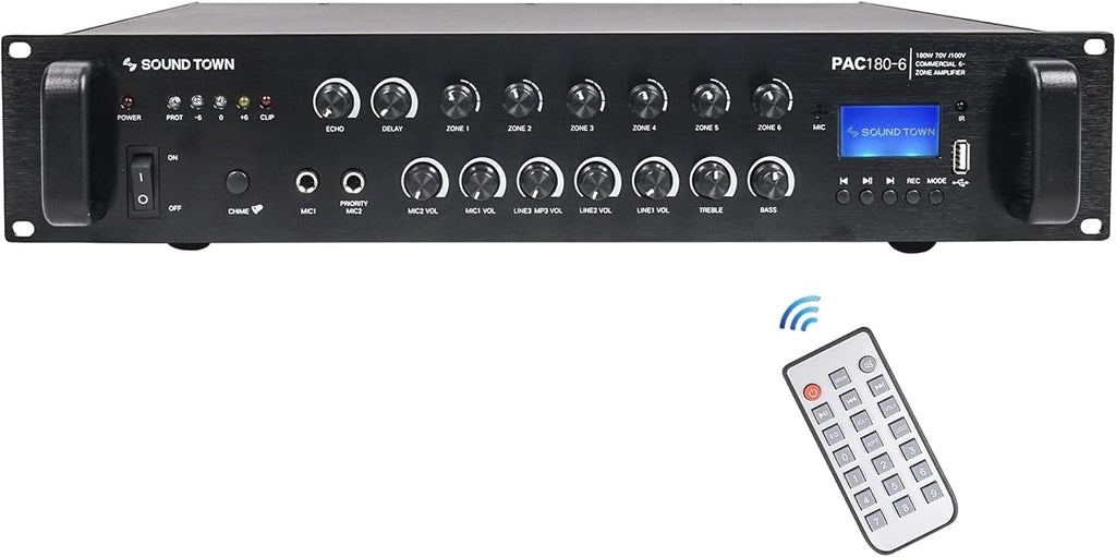 360W 6-Zone 70V/100V Commercial Power Amplifier with Bluetooth, Optical, Phantom Power R558042