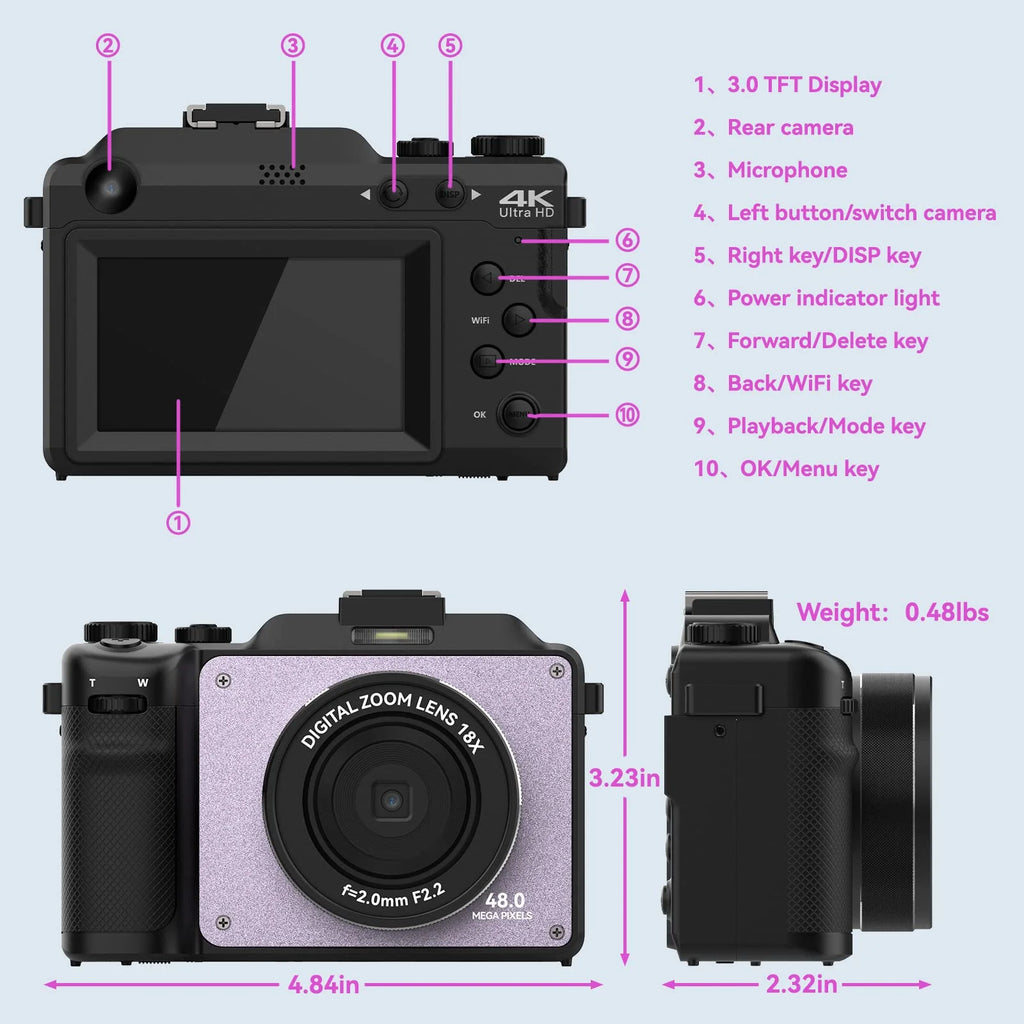 48MP 4K Digital Camera with Dual Cameras and 32GB Micro Card J44744