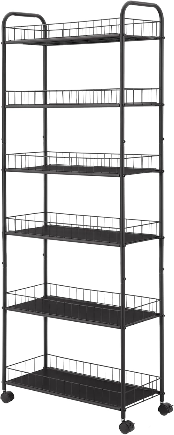 Black 6 Tier Metal Wire Rolling Storage Cart with Wheels T663