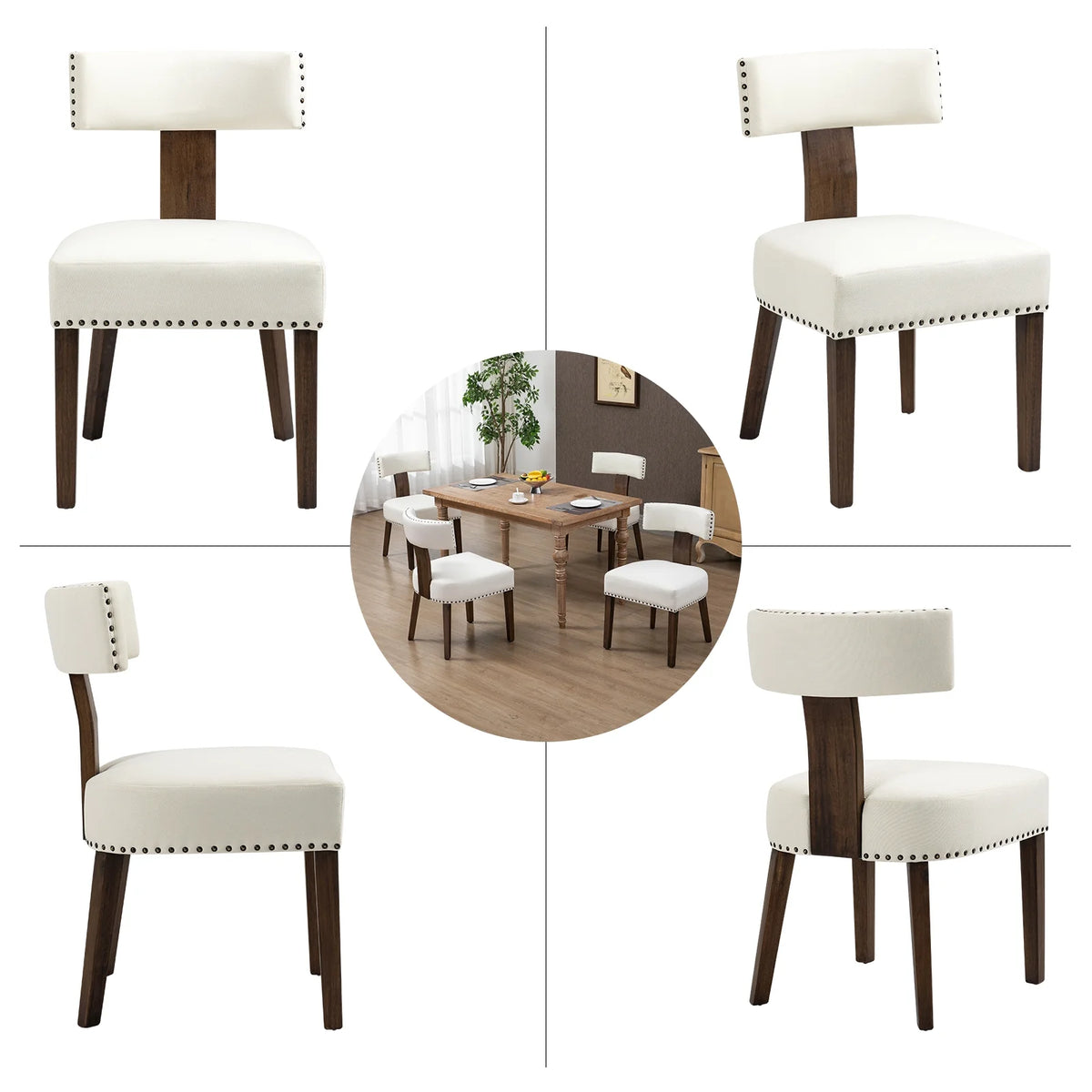 Beige Upholstered Linen Dining Chairs Set of 6 with Wooden Legs G70912