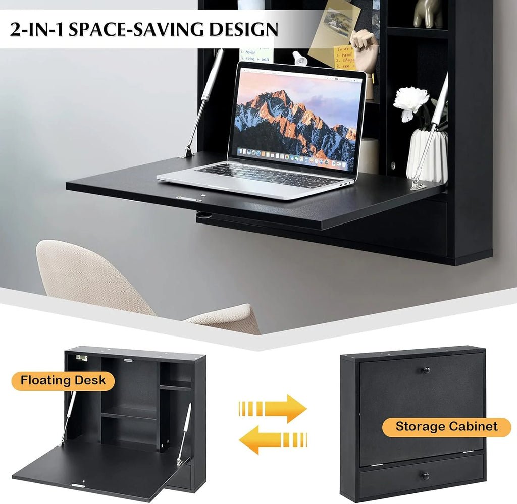Wall-Mounted Computer Desk with Storage Drawer & Shelves Black P85843