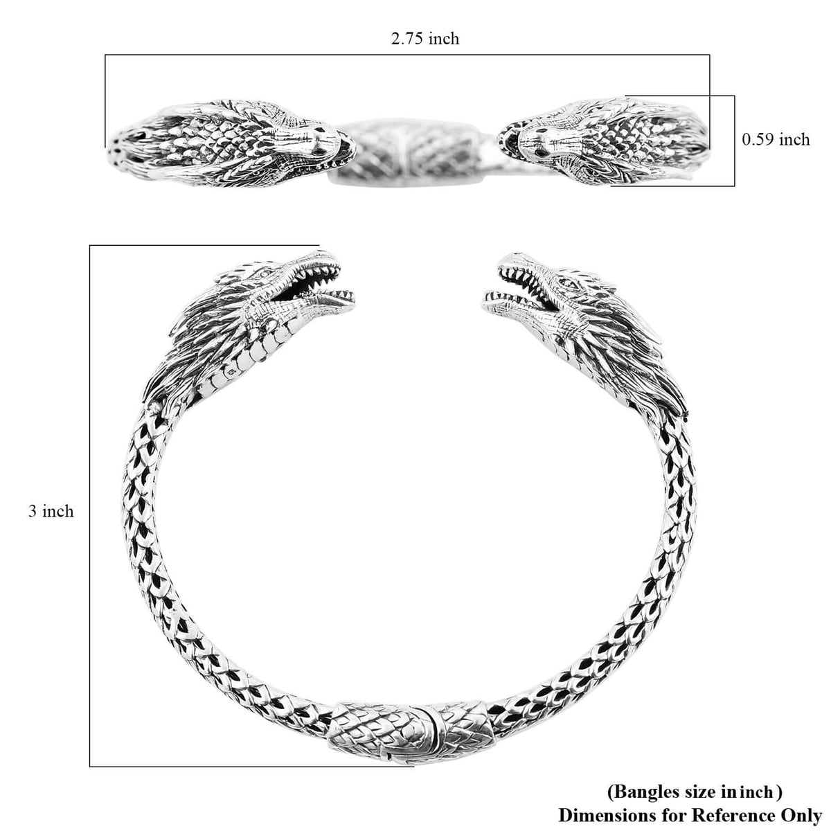 925 Sterling Silver Dragon Cuff Bangle Bracelet Size 7" 44 Grams U429