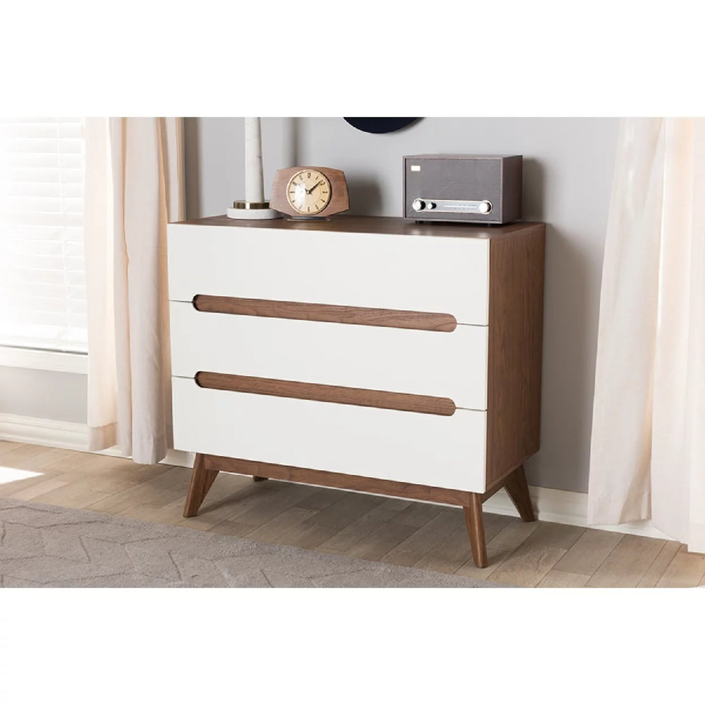 White and Walnut Wood 3-Drawer Storage Chest N849