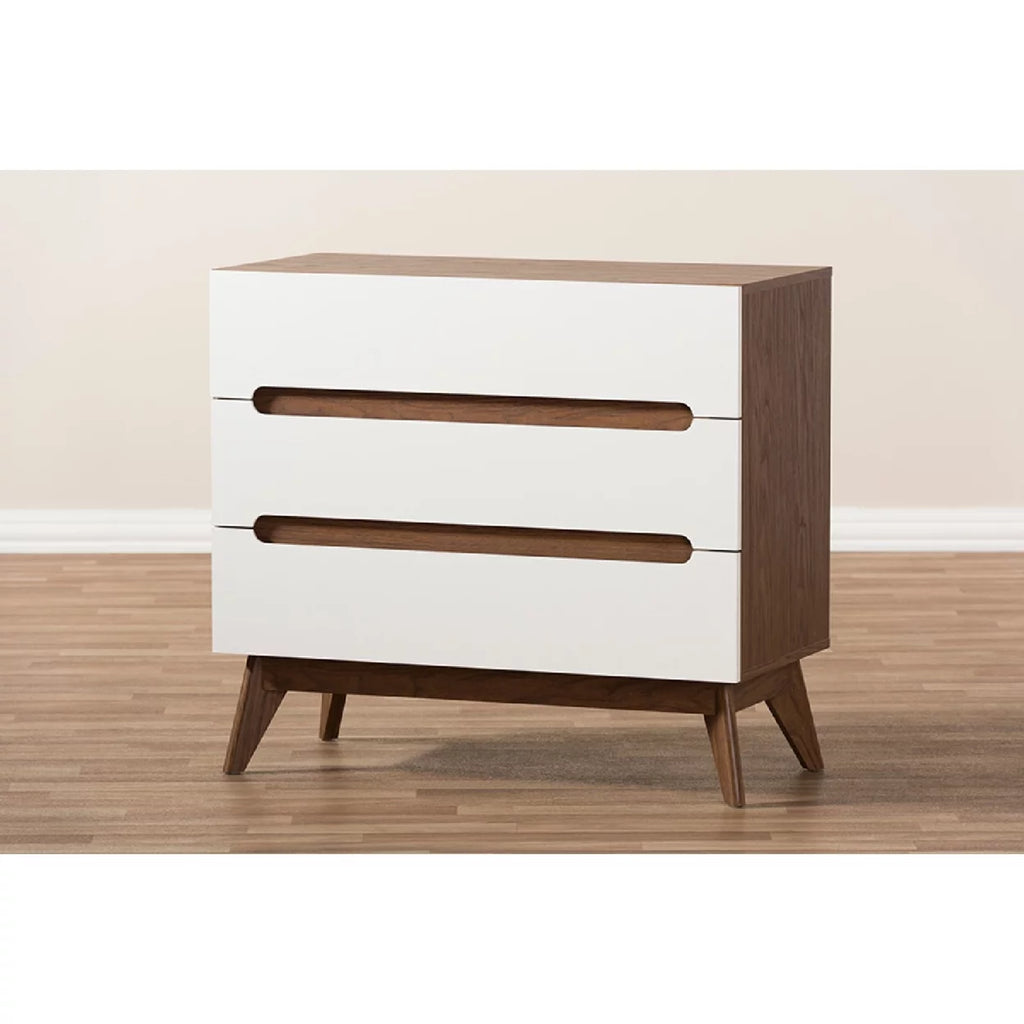 White and Walnut Wood 3-Drawer Storage Chest N849