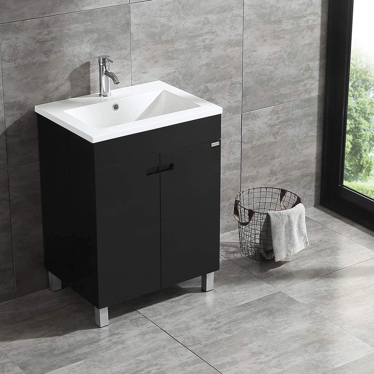 Black Free Standing Bathroom Vanity Cabinet with 2 Doors Undermount Resin Sink and Chrome Faucet I91030