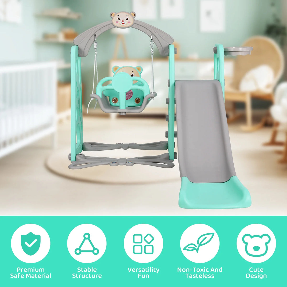 4 in 1 Kids Slide and Swing Set Toddler Play Climber with Basketball Hoop Indoor Outdoor Playground N163642