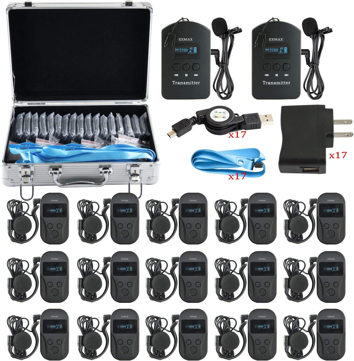 2.4GHz Wireless Audio Tour Guide System - 2 Transmitters 15 Receivers & Silver Storage Case Z692345