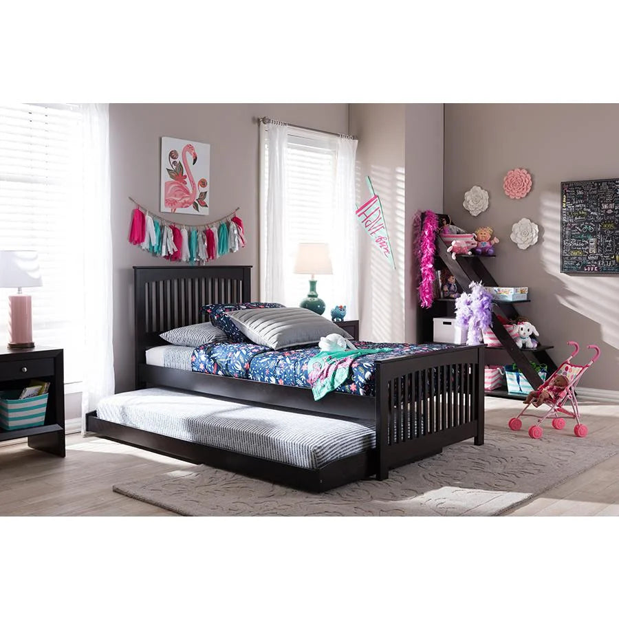 Twin Dark Brown Solid Wood Platform Bed with Trundle O376156