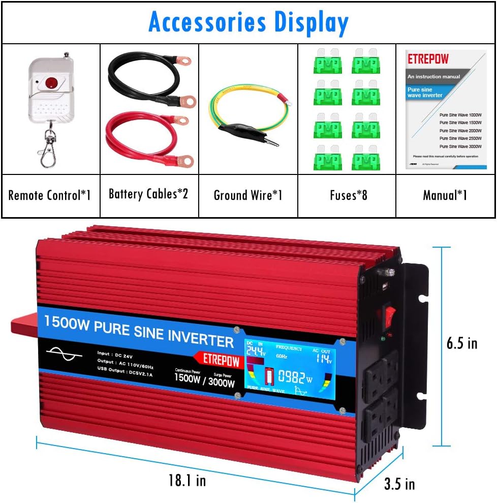 2000 Watt Pure Sine Wave Power Inverter 24V to 110V 120V with LCD Display, Wireless Remote Control, 4 AC Sockets, 2.1A USB Port, Dual Fans W2048