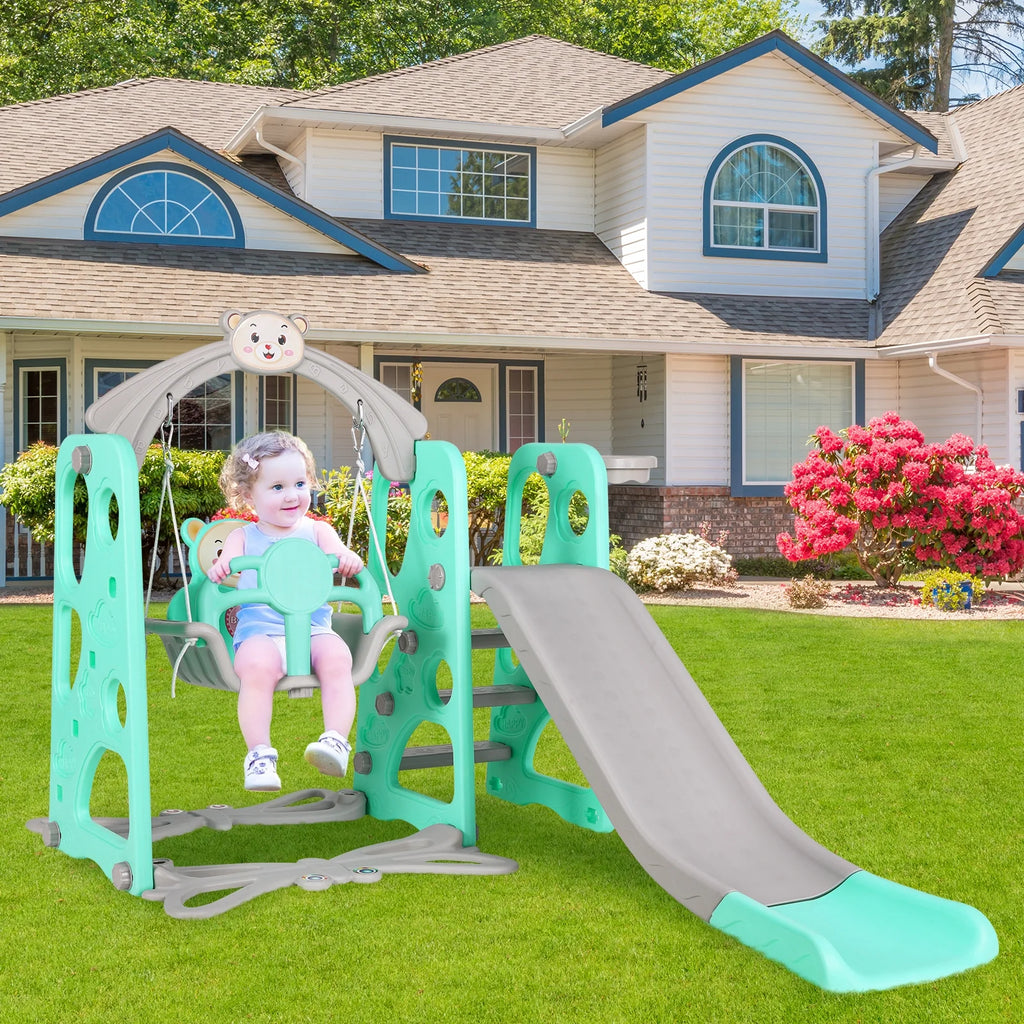 4 in 1 Kids Slide and Swing Set Toddler Play Climber with Basketball Hoop Indoor Outdoor Playground N163642