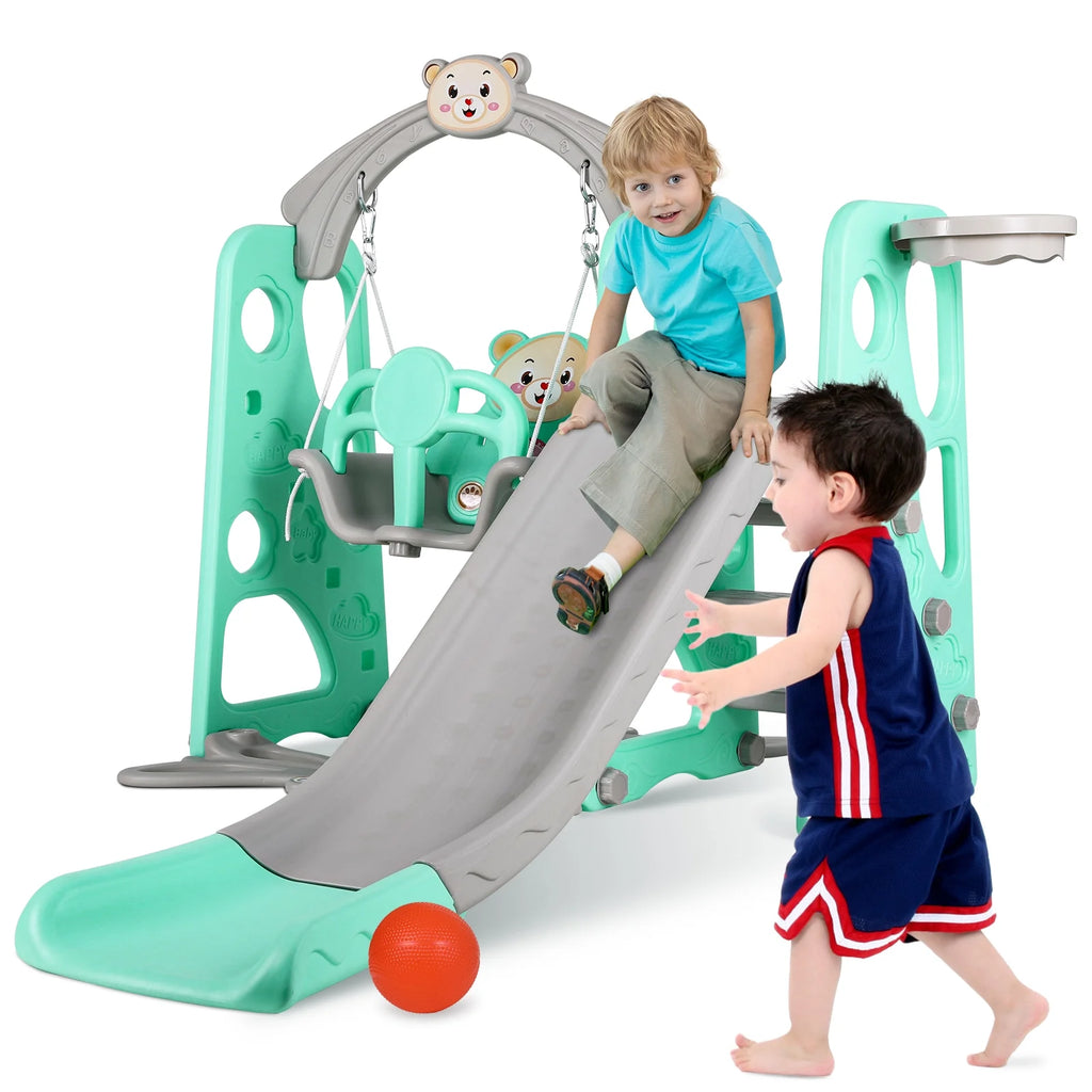 4 in 1 Kids Slide and Swing Set Toddler Play Climber with Basketball Hoop Indoor Outdoor Playground N163642