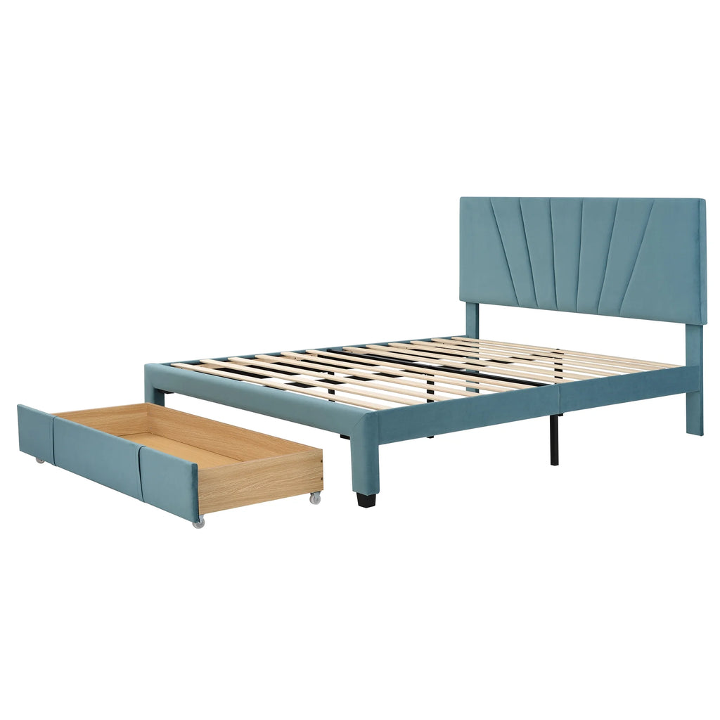 Queen Velvet Upholstered Platform Bed Frame with Drawer P635
