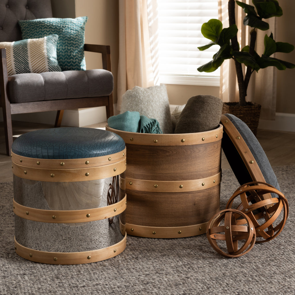 Grey Fabric and Blue Alligator Faux Leather 2-Piece Wood and Metal Storage Ottoman Set Z5835