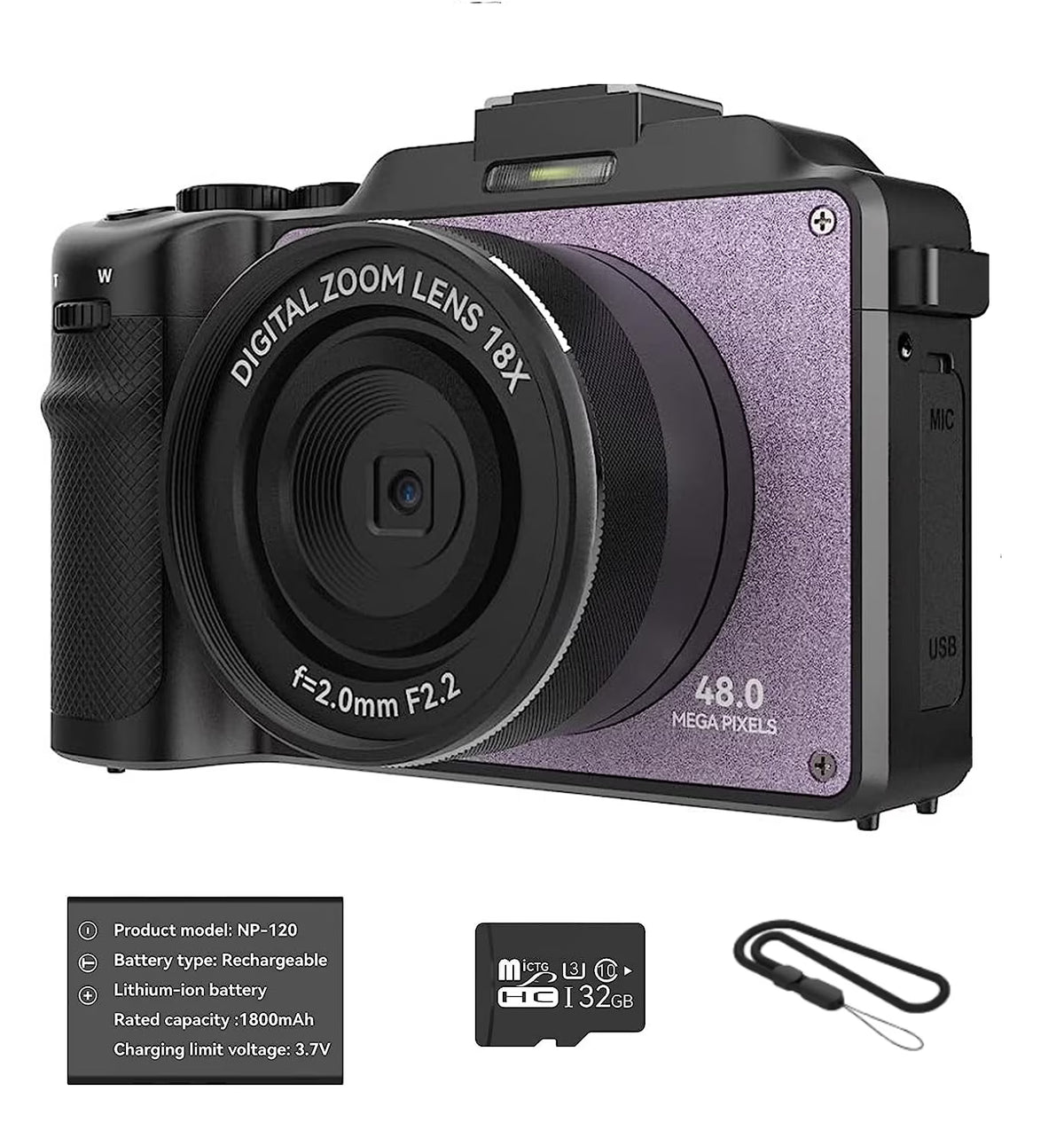 48MP 4K Digital Camera with Dual Cameras and 32GB Micro Card J44744